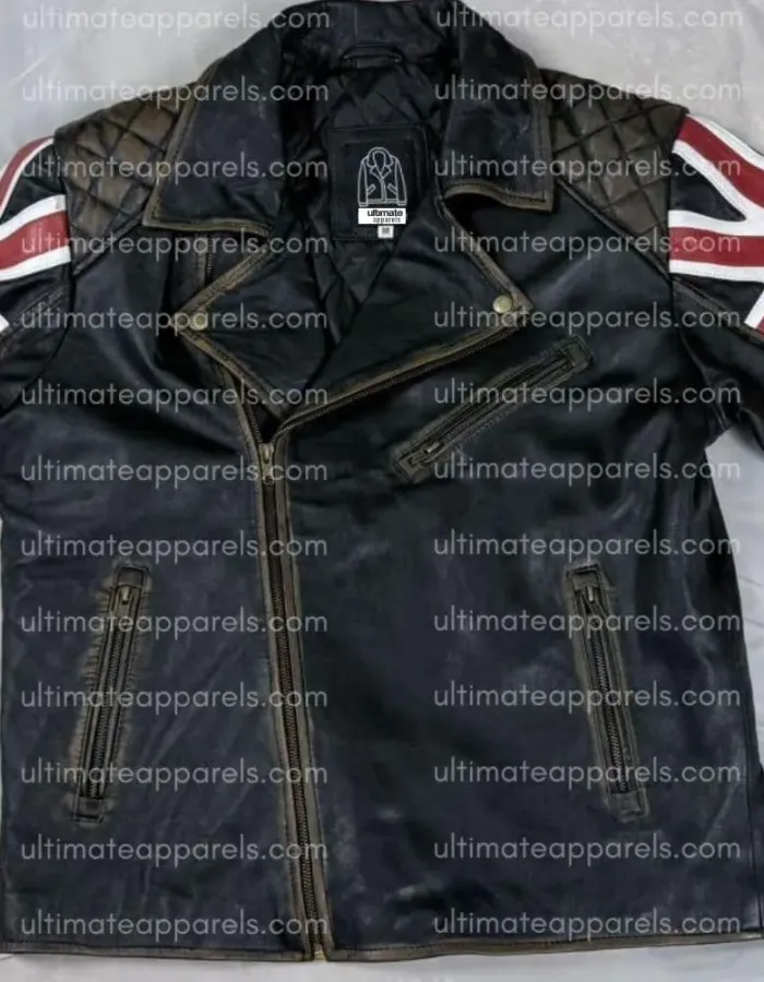 Uk Flag Union Jack Brown Distressed Quilted Leather Jacket