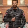 Uk Flag Union Jack Brown Distressed Quilted Leather Jacket