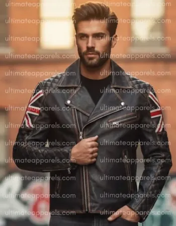 Uk Flag Union Jack Brown Distressed Quilted Leather Jacket