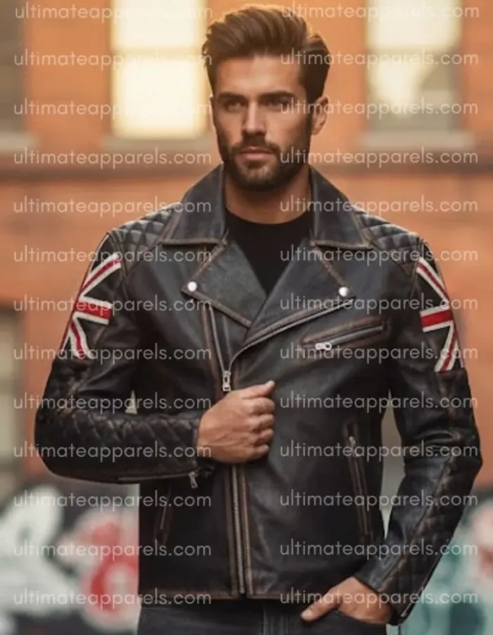 Uk Flag Union Jack Brown Distressed Quilted Leather Jacket