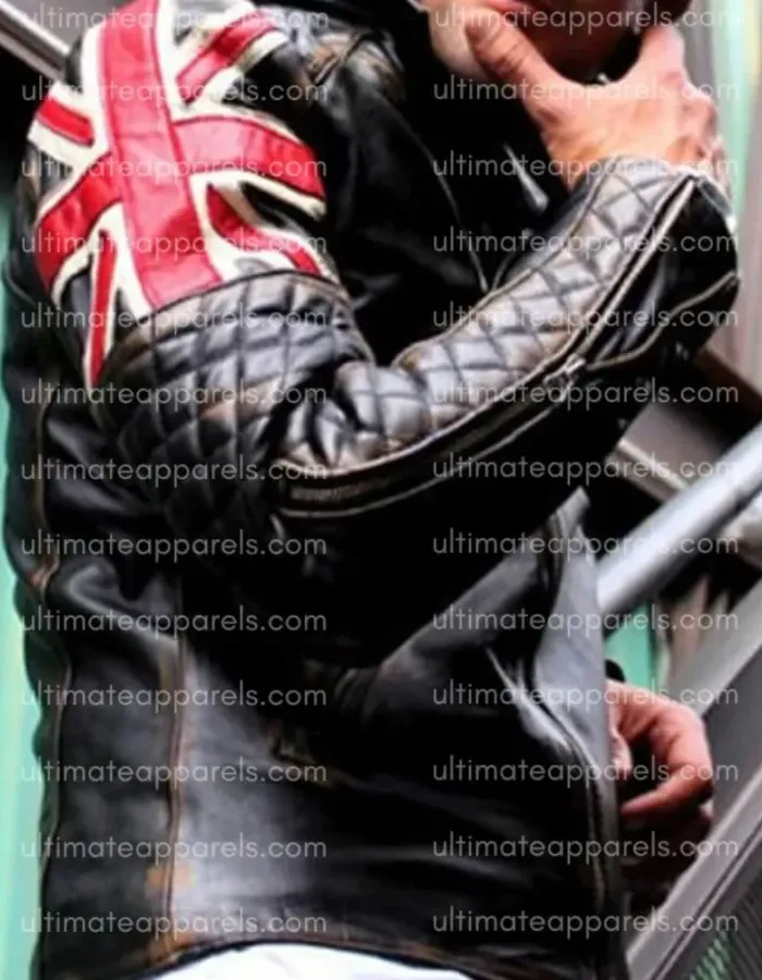 Uk Flag Union Jack Brown Distressed Quilted Leather Jacket