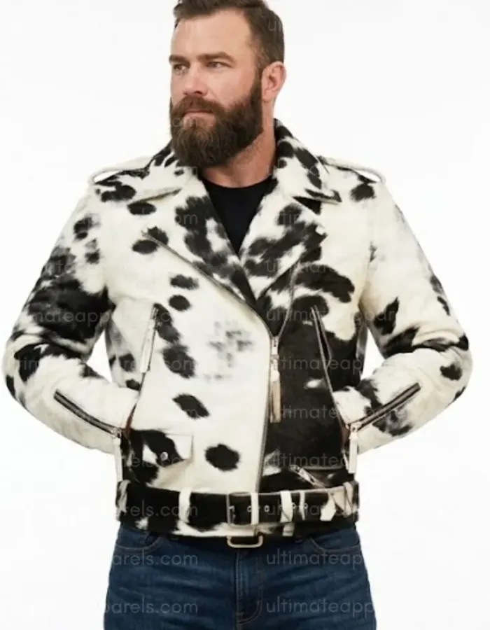 Black & White Real Hair-on Cowhide Leather Jacket for Men – Premium Winter Biker Outerwear