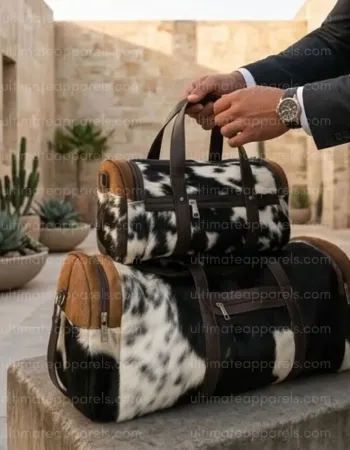 Premium Black and White Cowhide Fur Bag Set – Large Travel Duffel and Small Carry-on Premium Black and White Cowhide Fur Bag Set – Large Travel Duffel and Small Carry-on