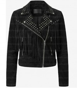 The Midnight Rebel Studded Women’s Black Fringe Biker Jacket