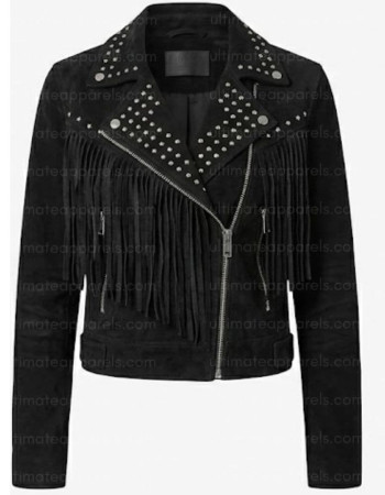 The Midnight Rebel Studded Women’s Black Fringe Biker Jacket