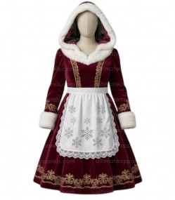 Elegant Mrs. Santa Claus Burgundy Velveteen Hooded Dress