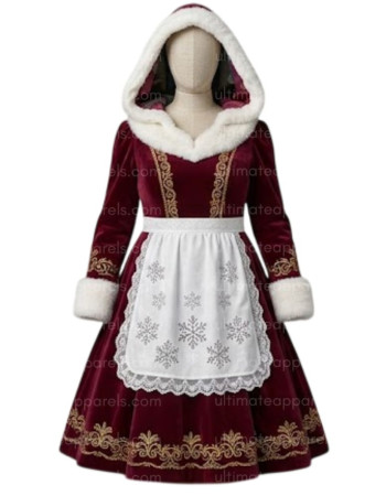 Elegant Mrs. Santa Claus Burgundy Velveteen Hooded Dress