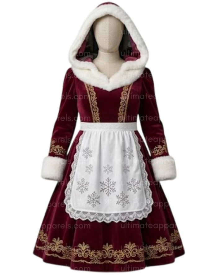 Elegant Mrs. Santa Claus Burgundy Velveteen Hooded Dress