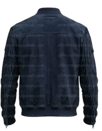 The Patriot Navy Blue Suede Fringe Bomber Jacket The Patriot Navy Blue Suede Fringe Bomber Jacket