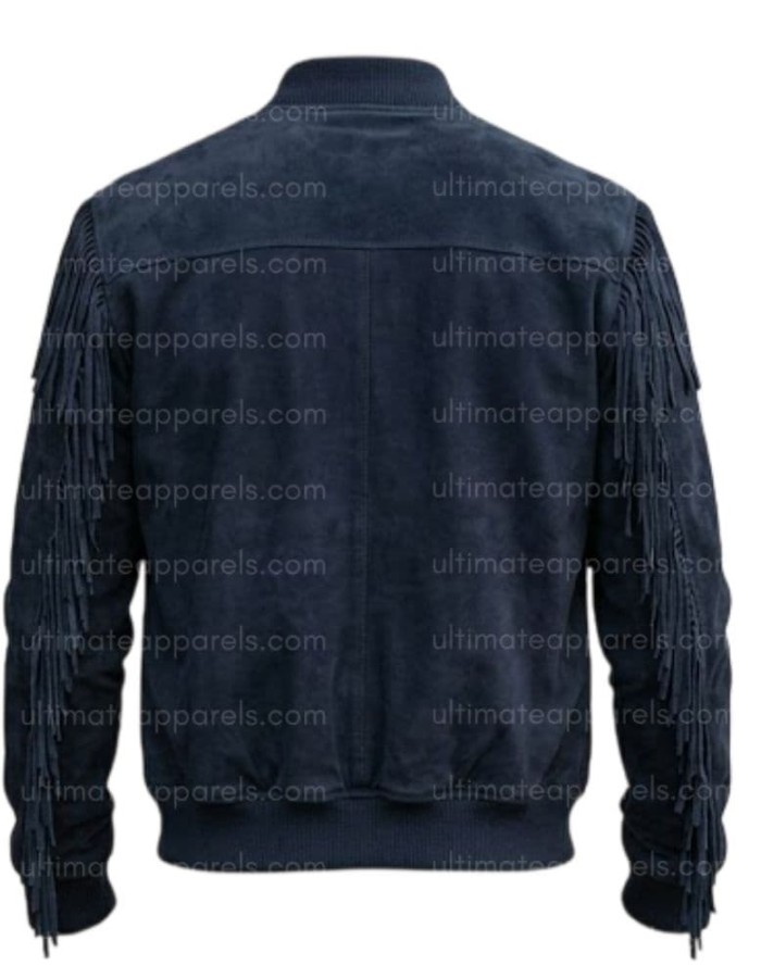 The Patriot Navy Blue Suede Fringe Bomber Jacket The Patriot Navy Blue Suede Fringe Bomber Jacket