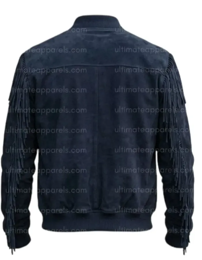 The Patriot Navy Blue Suede Fringe Bomber Jacket