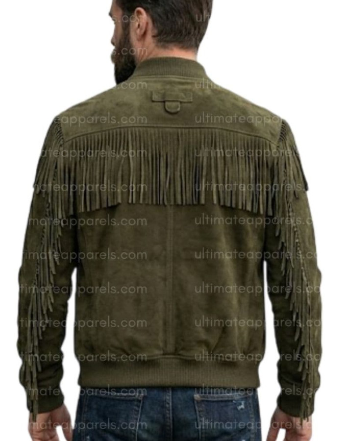 The Outpost Olive Green Suede Fringe Utility Jacket The Outpost Olive Green Suede Fringe Utility Jacket