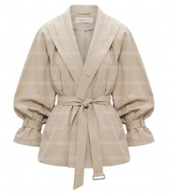 Hailey Bieber Sydney Beige Belted Cotton Jacket