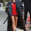 Hailey Bieber Los Angeles Street Black Leather Trench Coat