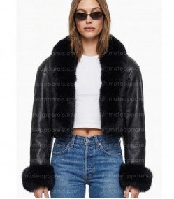 Los Angeles 2026 Hailey Bieber Black Cropped Leather Jacket