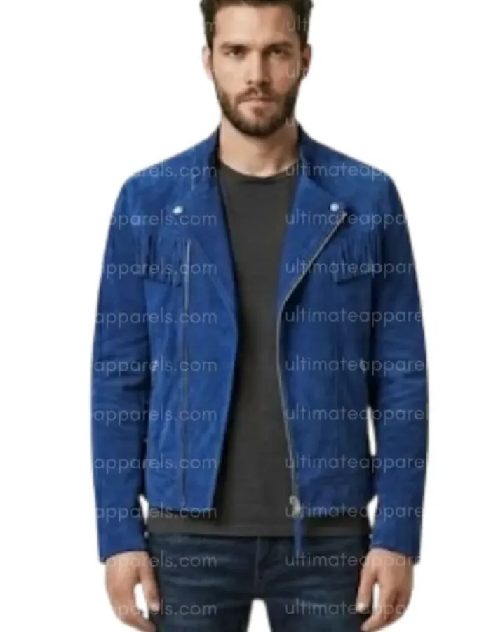 The Cobalt Rider Men’s Minimalist Blue Fringe Biker Suede Leather Jacket