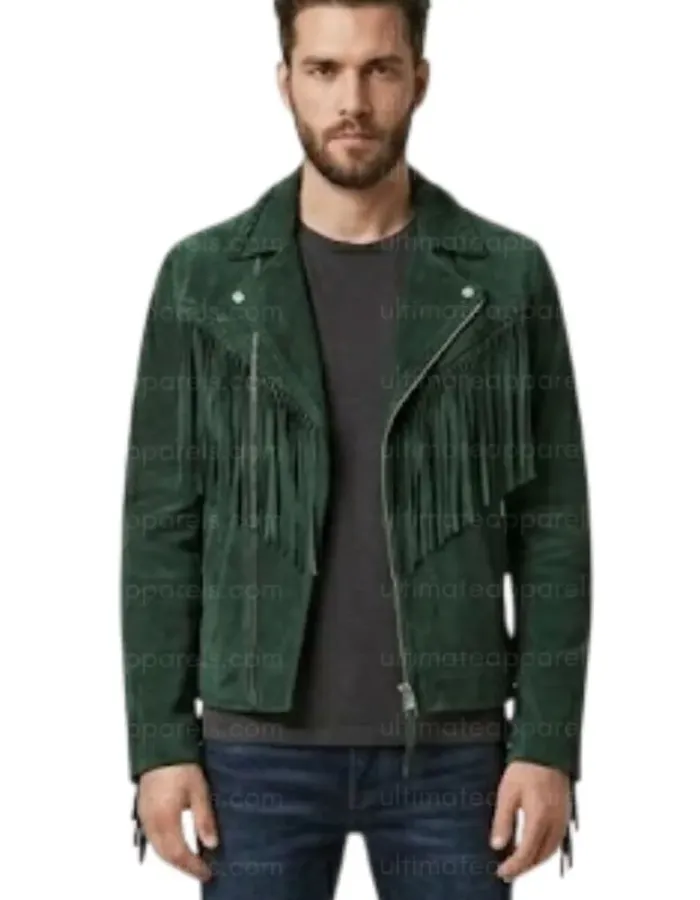 The Forest Wanderer Braided Green Fringe Suede Men’s Jacket