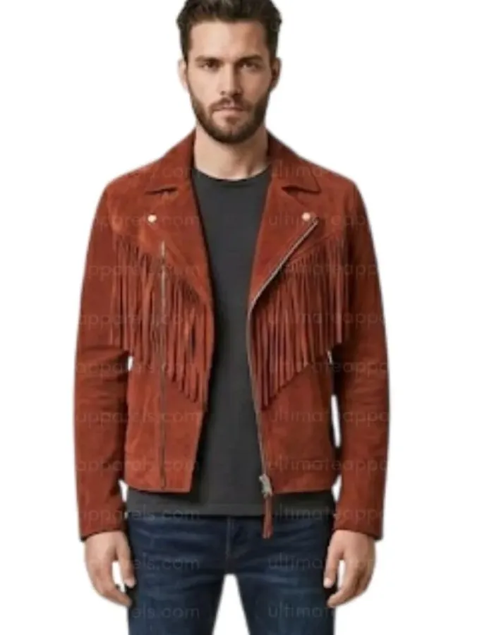 The Rusty Horizon Men’s V-Fringe Tan Suede Biker Jacket The Rusty Horizon Men’s V-Fringe Tan Suede Biker Jacket