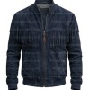 The Patriot Navy Blue Suede Fringe Bomber Jacket The Patriot Navy Blue Suede Fringe Bomber Jacket