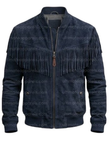 The Patriot Navy Blue Suede Fringe Bomber Jacket