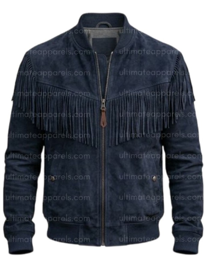 The Patriot Navy Blue Suede Fringe Bomber Jacket The Patriot Navy Blue Suede Fringe Bomber Jacket