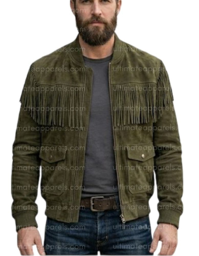 The Outpost Olive Green Suede Fringe Utility Jacket The Outpost Olive Green Suede Fringe Utility Jacket
