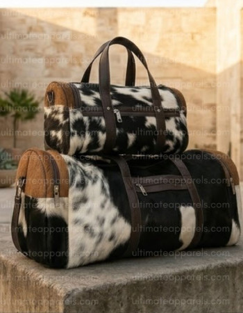 Premium Black and White Cowhide Fur Bag Set – Large Travel Duffel and Small Carry-on