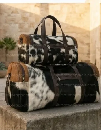 Premium Black and White Cowhide Fur Bag Set – Large Travel Duffel and Small Carry-on
