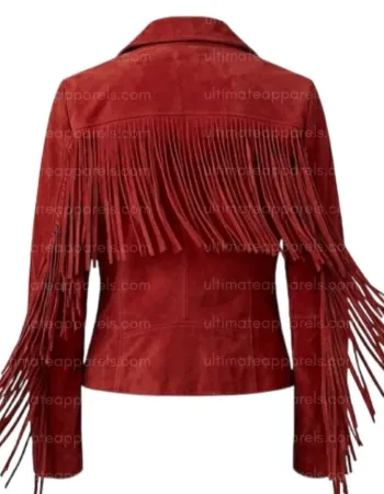 The Firebird Women's Suede Red Asymmetrical Fringe Jacket The Firebird Women's Suede Red Asymmetrical Fringe Jacket