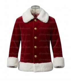 Classic Crimson Santa Claus Red Velvet White Fur Jacket