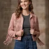 The Aurora Rose Quartz Dusty Pink Suede Cropped Fringe Jacket The Aurora Rose Quartz Dusty Pink Suede Cropped Fringe Jacket