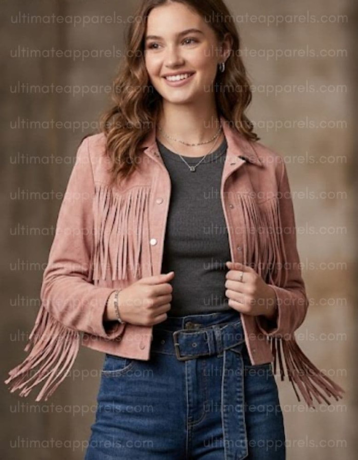The Aurora Rose Quartz Dusty Pink Suede Cropped Fringe Jacket The Aurora Rose Quartz Dusty Pink Suede Cropped Fringe Jacket
