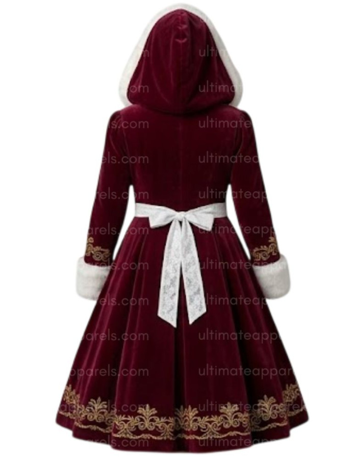 Elegant Mrs. Santa Claus Burgundy Velveteen Hooded Dress