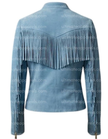 The Zenith Women's Sky Blue Suede Streamlined Fringe Jacket The Zenith Women's Sky Blue Suede Streamlined Fringe Jacket
