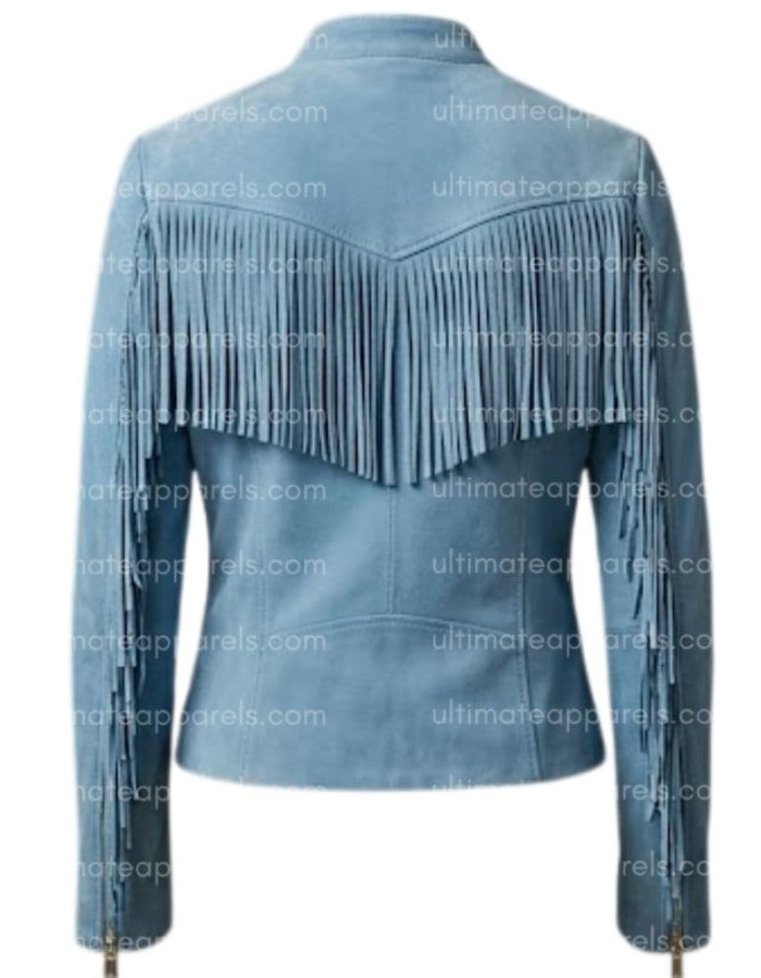 The Zenith Women's Sky Blue Suede Streamlined Fringe Jacket
