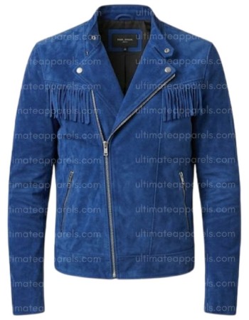 The Cobalt Rider Men’s Minimalist Blue Fringe Biker Suede Leather Jacket