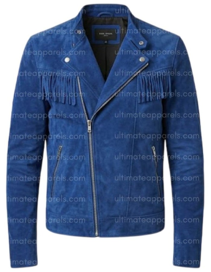 The Cobalt Rider Men’s Minimalist Blue Fringe Biker Suede Leather Jacket The Cobalt Rider Men’s Minimalist Blue Fringe Biker Suede Leather Jacket