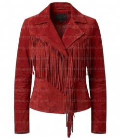 The Firebird Women's Suede Red Asymmetrical Fringe Jacket