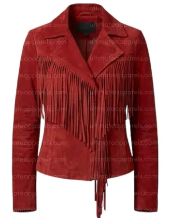 The Firebird Women's Suede Red Asymmetrical Fringe Jacket