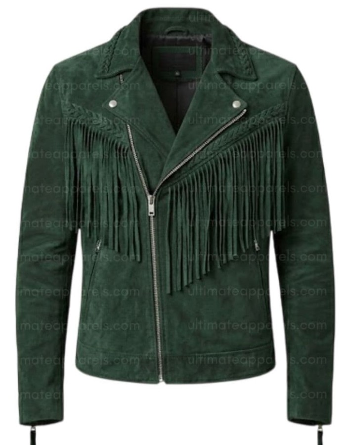 The Forest Wanderer Braided Green Fringe Suede Men’s Jacket The Forest Wanderer Braided Green Fringe Suede Men’s Jacket