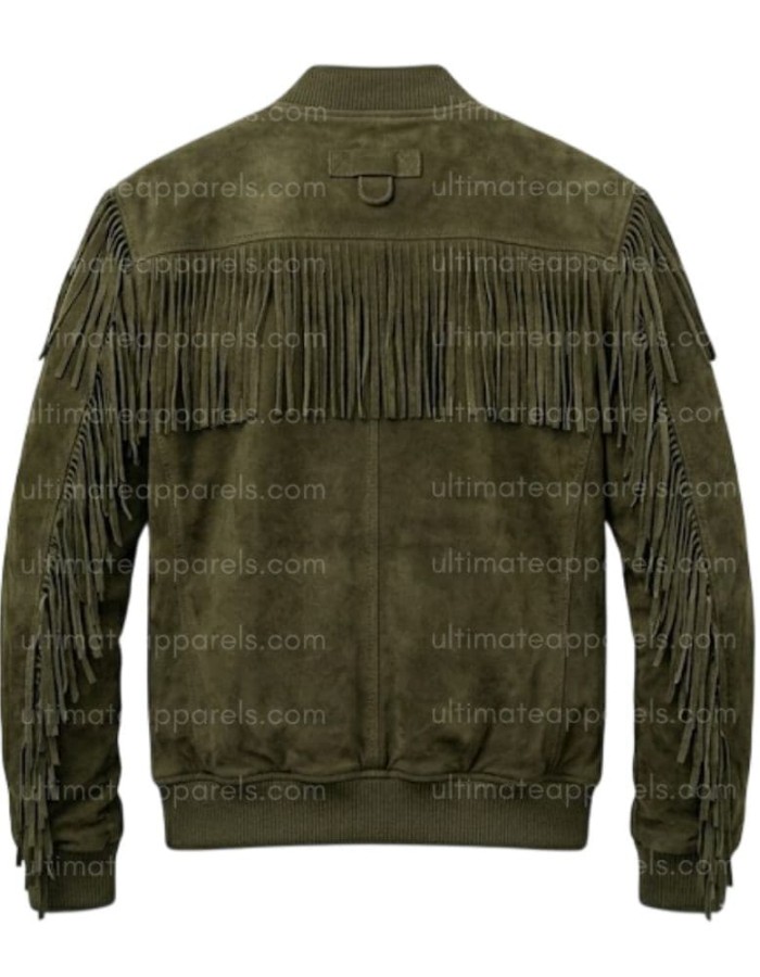 The Outpost Olive Green Suede Fringe Utility Jacket The Outpost Olive Green Suede Fringe Utility Jacket
