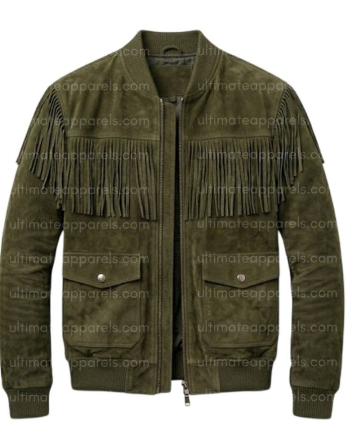 The Outpost Olive Green Suede Fringe Utility Jacket The Outpost Olive Green Suede Fringe Utility Jacket