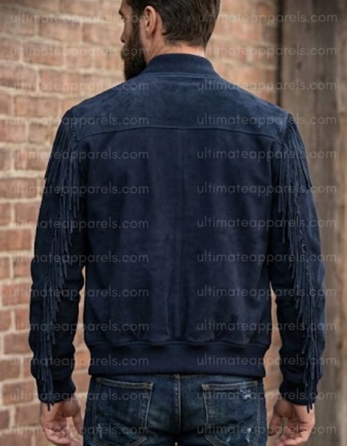 The Patriot Navy Blue Suede Fringe Bomber Jacket The Patriot Navy Blue Suede Fringe Bomber Jacket