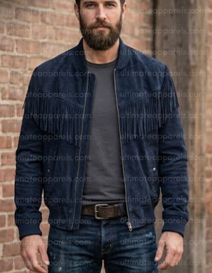 The Patriot Navy Blue Suede Fringe Bomber Jacket The Patriot Navy Blue Suede Fringe Bomber Jacket