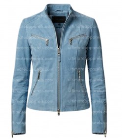 The Zenith Women's Sky Blue Suede Streamlined Fringe Jacket