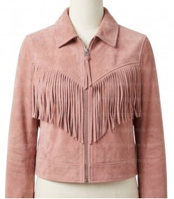 The Aurora Rose Quartz Dusty Pink Suede Cropped Fringe Jacket