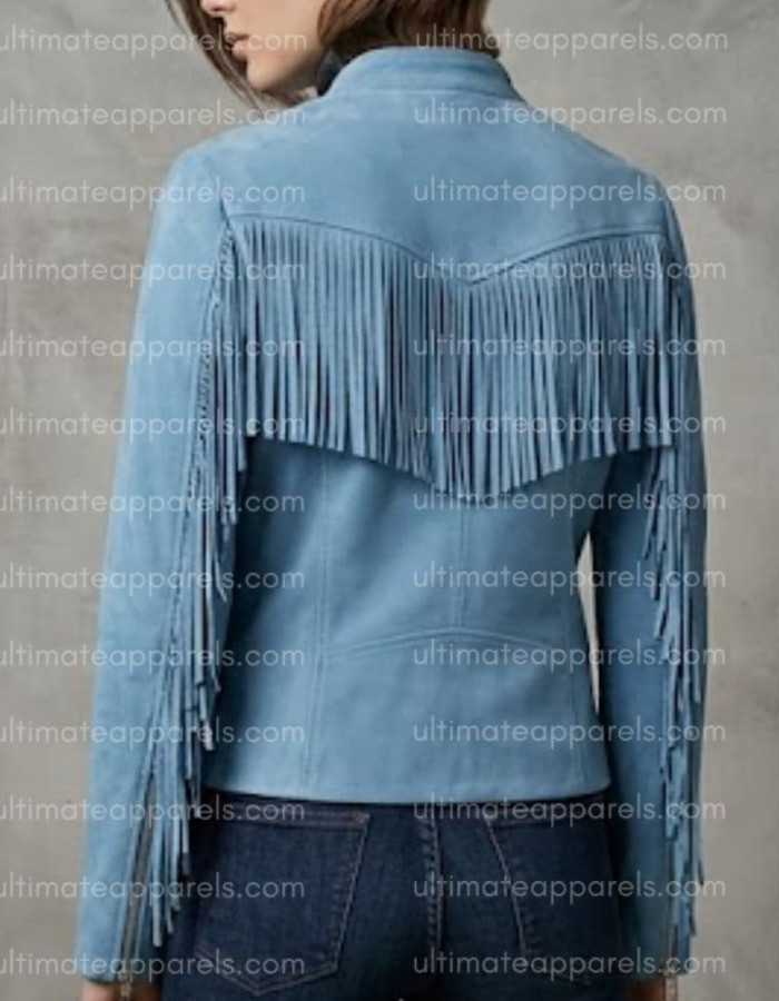 The Zenith Women's Sky Blue Suede Streamlined Fringe Jacket