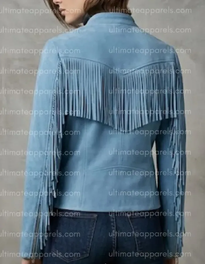 The Zenith Women's Sky Blue Suede Streamlined Fringe Jacket