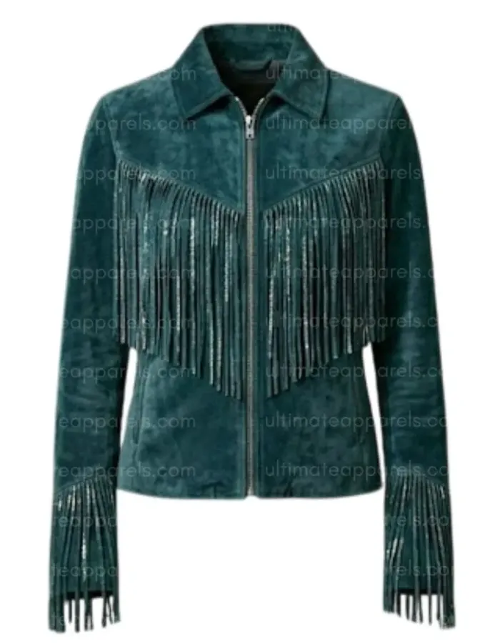 The Serenity Teal Velvet-Suede Tassel Jacket The Serenity Teal Velvet-Suede Tassel Jacket