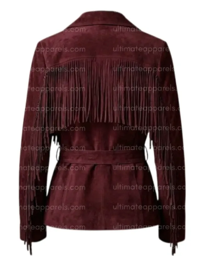 The Bordeaux Wrap Burgundy Wine Fringe Suede Jacket The Bordeaux Wrap Burgundy Wine Fringe Suede Jacket